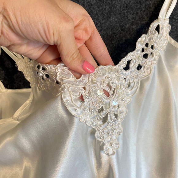 Dentelle Vintage 90s Ivory Satin Lace Pearl Chemise Nighty Slip Dress Sz L USA - Picture 7 of 11
